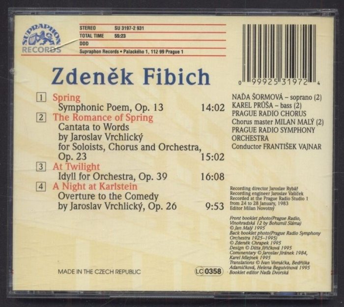 Zdeněk Fibich : Naďa Šormová, Karel Průša, Prague Radio Chorus And Orchestra, František Vajnar - Spring / The Romance Of Spring / At Twilight / A Night At Karlstein (CD)