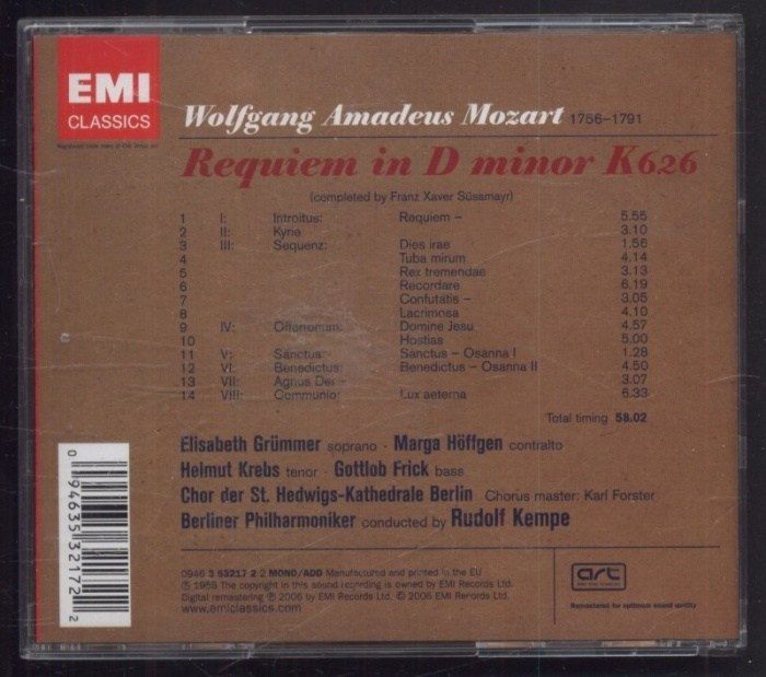 Wolfgang Amadeus Mozart, Rudolf Kempe - Requiem in D minor K626 (CD)