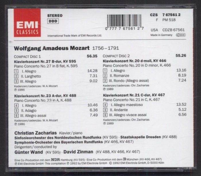 Günter Wand, David Zinman - Mozart Klavierkonzerte KV 466, 467, 488 & 595 (CD)