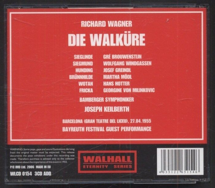 Richard Wagner / Joseph Keilbert, Martha Mödl, Gré Brouwenstijn, Wolfgang Windgassen, Hans Hotter, Josef Greindl - Die Walküre (3CD)