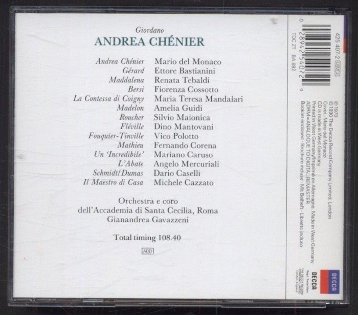 Giordano - Tebaldi, Del Monaco, Bastianini, Orchestra E Coro Dell'Accademia di Santa Cecilia, Roma, Gianandrea Gavazzeni - Andrea Chénier (2CD)