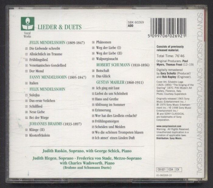 Mendelssohn / Brahms / Schumann / Mahler, Judith Raskin, Frederica von Stade, Judith Blegen, Charles Wadsworth, George Schick - Songs & Duets (CD)