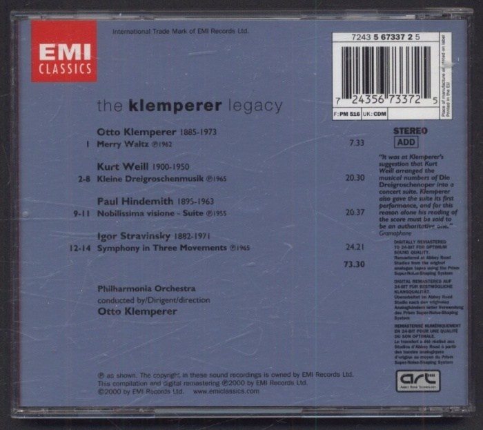 Otto Klemperer, Kurt Weill, Paul Hindemith, Igor Stravinsky - Merry Waltz, Kleine Dreigroschenmusik, Nobilissima visione- Suite, Symphony in Three Movements (CD)