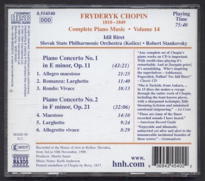 Fryderyk Chopin, Idil Biret, Slovak State Philharmonic Orchestra, Košice - Piano Concerto Nos. 1 And 2 (CD)