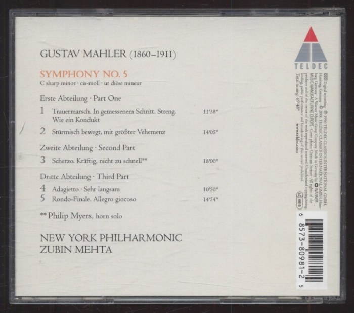 Gustav Mahler - New York Philharmonic, Zubin Mehta - Symphony No. 5 (CD)