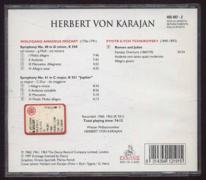 Mozart, Tchaikovsky - Herbert von Karajan, Wiener Philharmoniker - Symphonies No.40 & 41, Romeo And Juliet (CD)