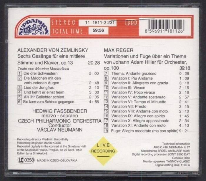 Czech Philharmonic Orchestra, Zemlinsky, Reger, Fassbender, Neumann - Live (CD)