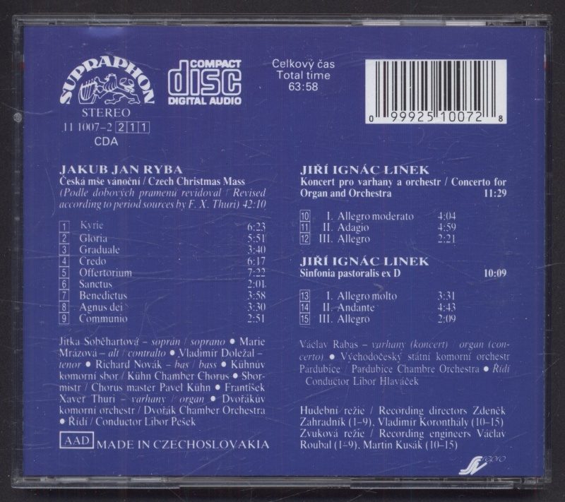 Jakub Jan Ryba / Jiří Ignác Linek, Kühn Chamber Chorus, Dvořák Chamber Orchestra / Libor Pešek, Pardubice Chamber Orchestra / Libor Hlaváček - Czech Christmas Mass / Organ Concerto, Sinfonia Pastoralis Ex D (CD)
