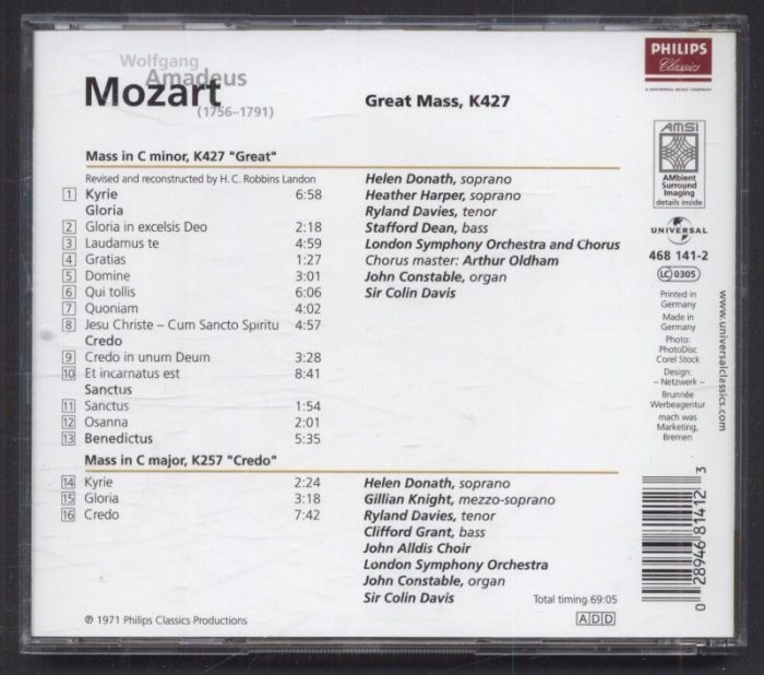 Wolfgang Amadeus Mozart / Donath, Harper, Constable, Davies, Dean, Grant, London Symphony Chorus, London Symphony Orchestra, Sir Colin Davis - Great Mass, K427 (CD)