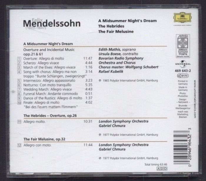 Felix Mendelssohn Bartholdy, Bavarian Radio Symphony Orchestra And Chorus, London Symphony Orchestra · Chmura · Kubelik - A Midsummer Night's Dream / The Hebrides / The Fair Melusine (CD)