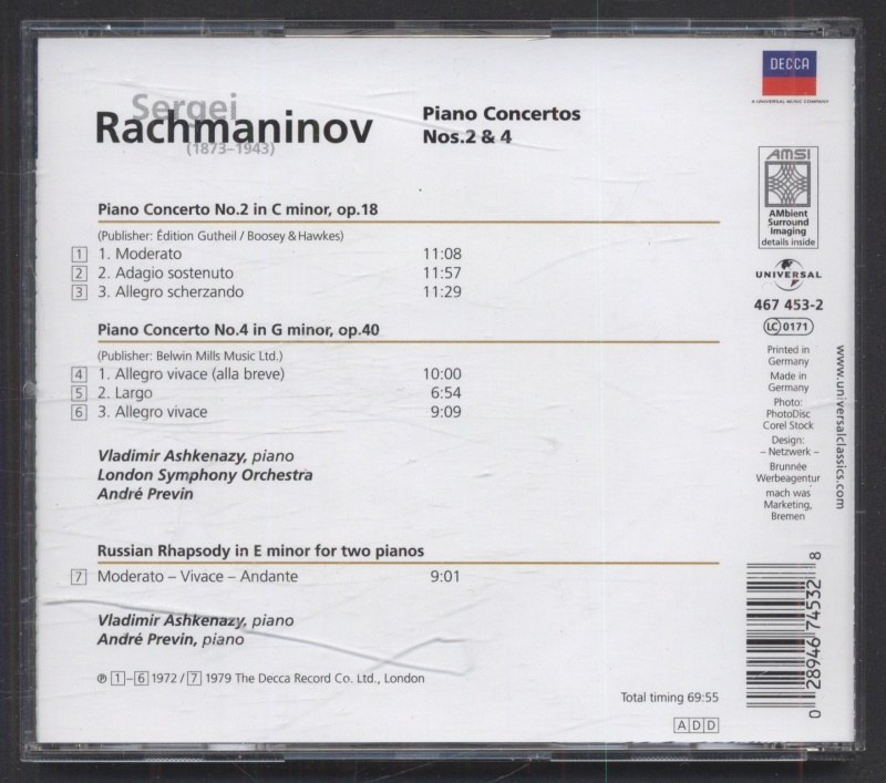 Sergei Rachmaninov - Vladimir Ashkenazy / London Symphony Orchestra / André Previn - Piano Concertos Nos. 2 & 4 (CD)