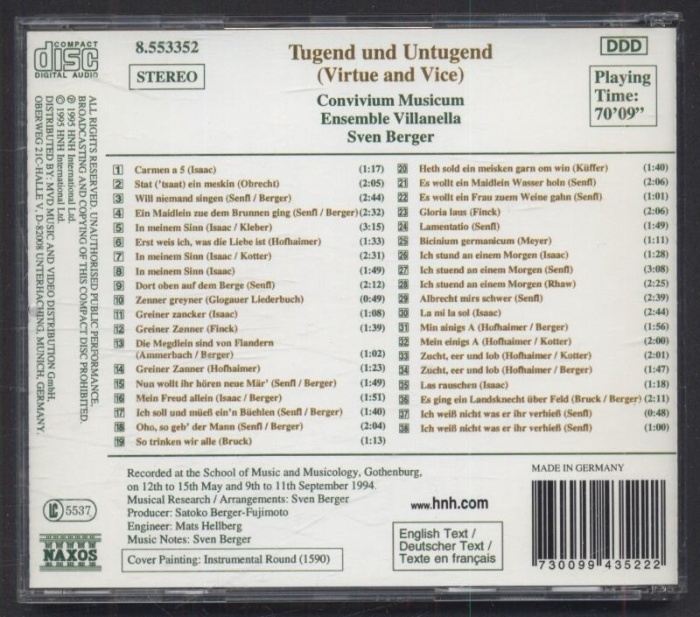 Convivium Musicum, Ensemble Villanella, Sven Berger - Tugend Und Untugend (Virtue And Vice) (German Secular Songs And Instrumental Music From The Time Of Luther) (CD)