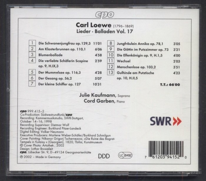 Carl Loewe / Julie Kaufmann, Cord Garben - Lieder & Balladen - Complete Edition Vol. 17 (CD)