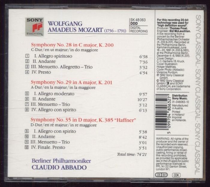 Berliner Philharmoniker, Claudio Abbado - Mozart - Symphonies Nos. 28, 29 And 35 "Haffner" (CD)