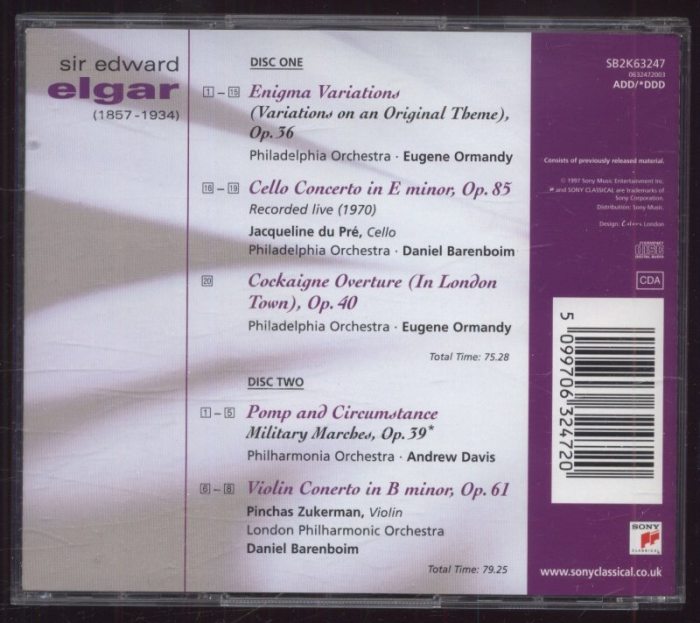 Elgar / The Philadelphia Orch., E. Ormandy, D. Barenboim, A. Davis, J. Du Pré, P. Zukerman, Philharmonia Orch., London Philharmonic Orch. - Enigma Variations, Pomp And Circumstance Marches, Cello Concerto, Violin Concerto, Cockaigne Ouverture (2CD)
