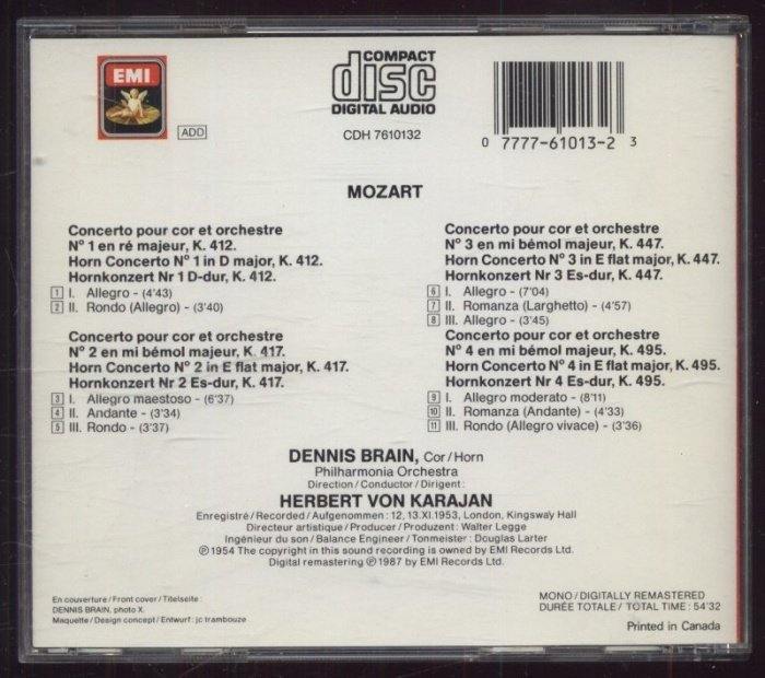 Mozart, Dennis Brain, Herbert von Karajan, Philharmonia Orchestra - Horn Concertos (CD)