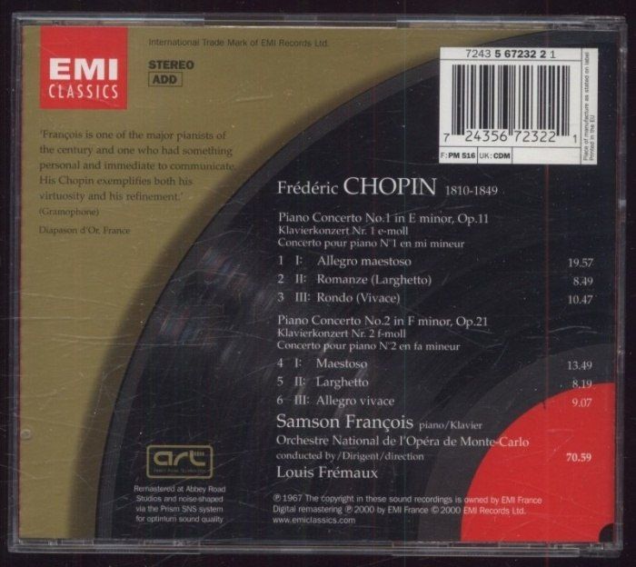 Chopin - Samson François, Orchestre National De L'Opéra De Monte-Carlo, Louis Frémaux - Piano Concertos Nos. 1 & 2 (CD)