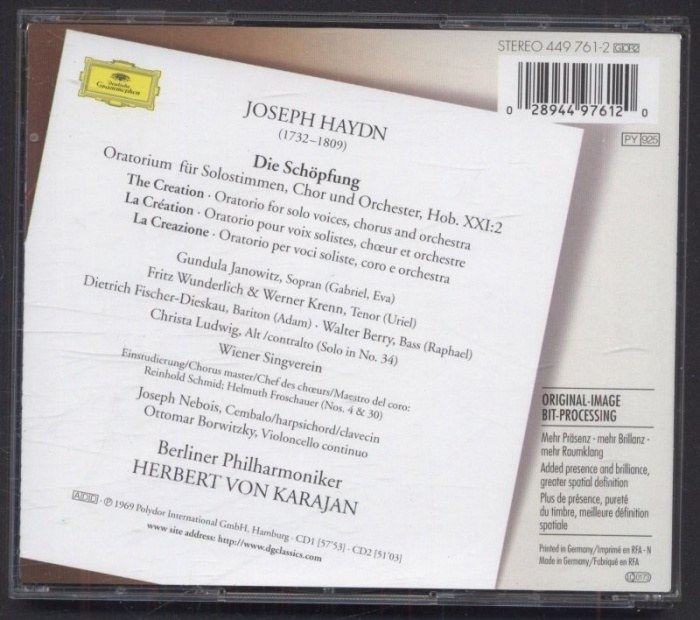 Joseph Haydn - Gundula Janowitz, Christa Ludwig, Fritz Wunderlich, Werner Krenn, Dietrich Fischer-Dieskau, Walter Berry / Wiener Singverein, Berliner Philharmoniker, Herbert von Karajan - Die Schöpfung = The Creation = La Création (2CD)