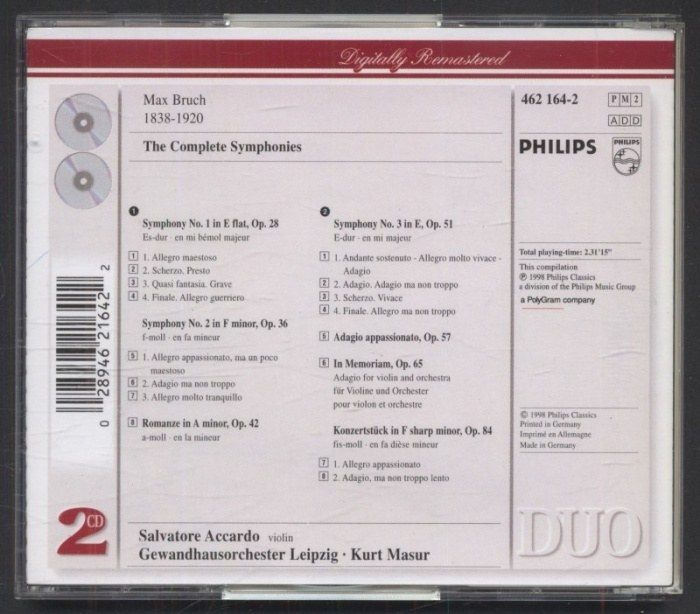 Bruch, Gewandhausorchester Leipzig, Kurt Masur - The Complete Symphonies (2CD)