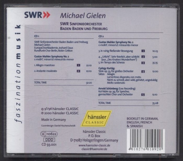 Michael Gielen, Gustav Mahler, Arnold Schoenberg, György Kurtág - Symphony No. 2, Stele Op. 33, Kol Nidre Op. 39 (2CD)