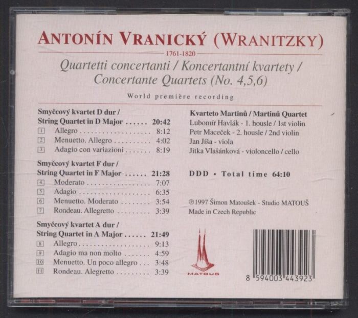 Antonín Vranický, Martinů Quartet - Concertante Quartets 4-6 (2CD)