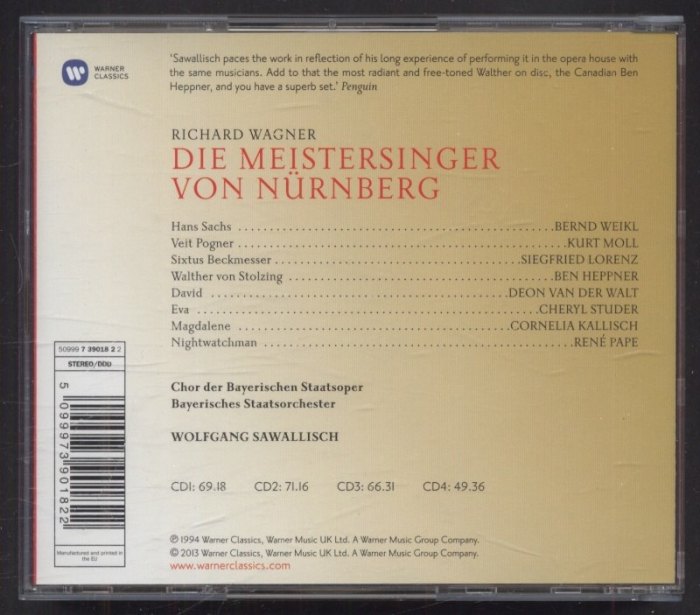 Richard Wagner, Bernd Weikl, Ben Heppner, Cheryl Studer, Kurt Moll, Deon van der Walt, Cornelia Kallisch, Chor Des Bayerischen Staatsoper, Bayerisches Staatsorchester, Wolfgang Sawallisch - Die Meistersinger Von Nürnberg (4CD)
