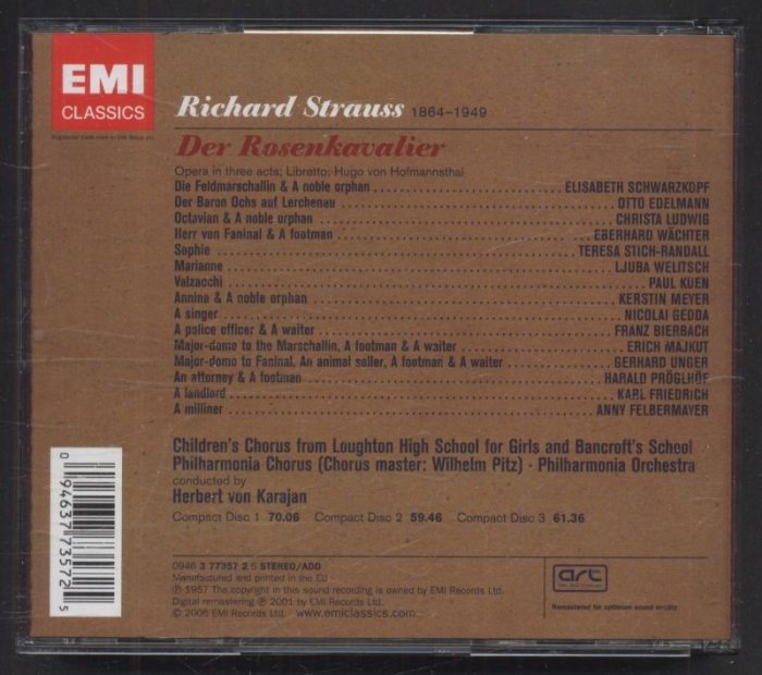 Richard Strauss - Elisabeth Schwarzkopf | Christa Ludwig | Teresa Stich-Randall | Otto Edelmann | Eberhard Wächter | Ljuba Welitsch | Philharmonia Orchestra | Herbert von Karajan - Der Rosenkavalier (3CD)