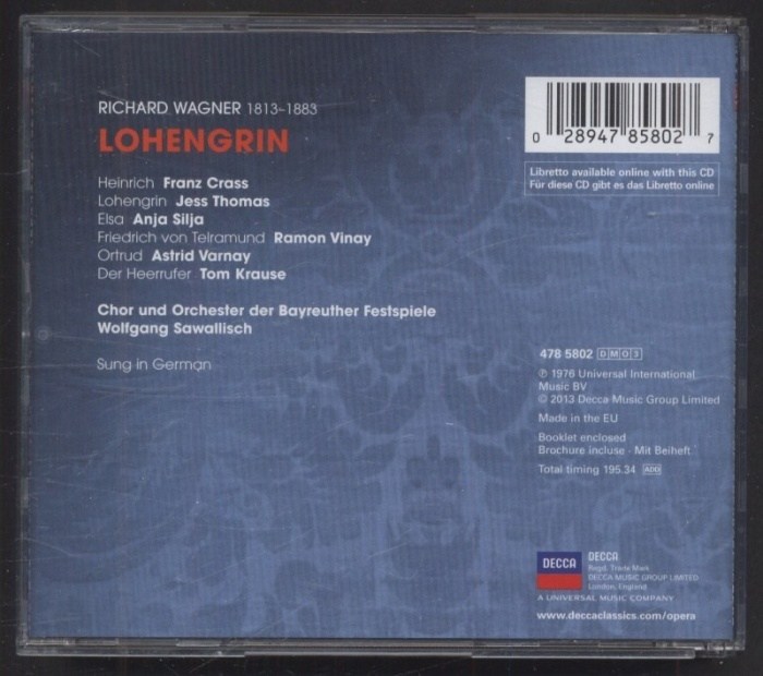 Richard Wagner - Thomas, Silja, Varnay, Vinay, Crass, Krause, Bayreuther Festspiele, Wolfgang Sawallisch - Lohengrin (3CD)