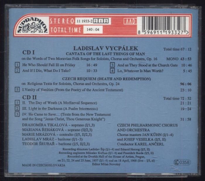 Ladislav Vycpálek, Tikalová, Řeháková, Mrázová, Šrubař, Mráz, Czech Philharmonic Chorus, Czech Philharmonic Orchestra, Karel Ančerl - Czech Requiem / Cantata Of The Last Things Of Man (2CD)