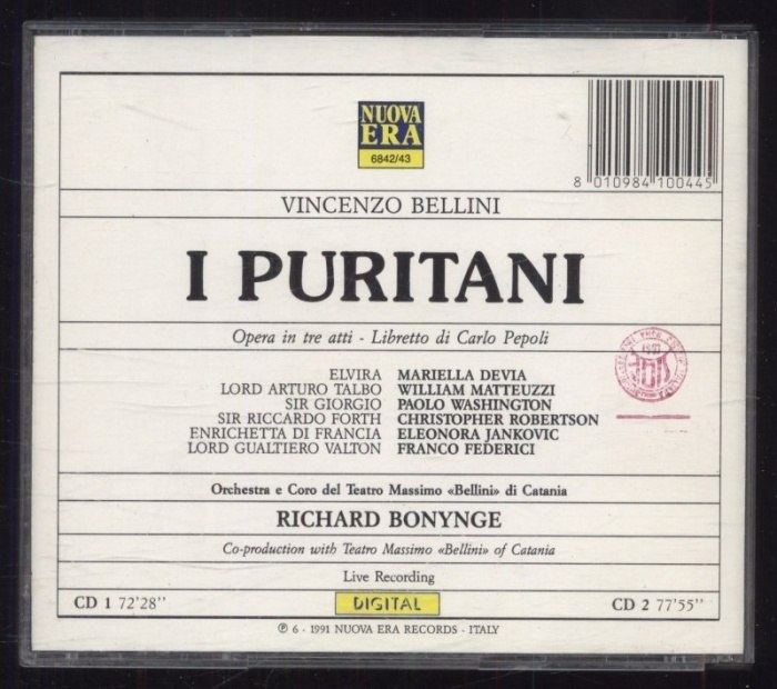 Vincenzo Bellini / Richard Bonynge; Mariella Devia, William Matteuzzi, Paolo Washington, Christopher Robertson - I Puritani (2CD)