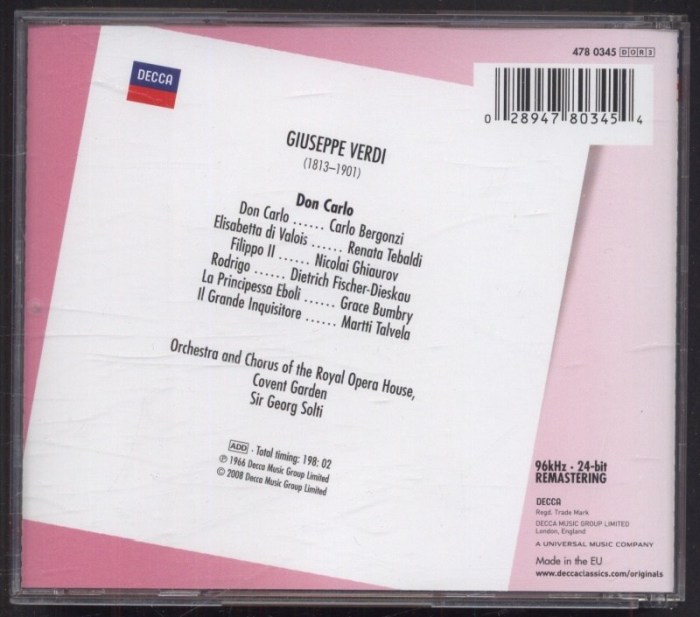 Giuseppe Verdi - Ghiaurov, Bergonzi, Bumbry, Tebaldi, Fischer-Dieskau, Orchestra And Chorus Of The Royal Opera House, Covent Garden, Solti - Don Carlo (3CD)