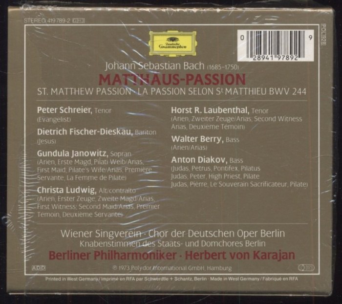 Johann Sebastian Bach - Gundula Janowitz, Christa Ludwig, Peter Schreier, Horst R. Laubenthal, Dietrich Fischer-Dieskau, Walter Berry, Anton Diakov, Wiener Singverein, Berliner Philharmoniker, Herbert von Karajan - Matthäus-Passion (3CD)