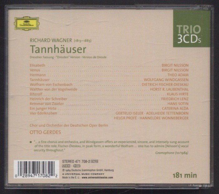 Richard Wagner - Nilsson, Windgassen, Fischer-Dieskau, Adam, Chor Und Orchester Der Deutschen Oper Berlin, Gerdes - Tannhäuser (3CD)