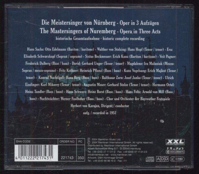 Richard Wagner - O. Edelmann, H. Hopf, E. Schwarzkopf, E. Kunz, G. Unger, I. Malaniuk, Chor Und Orchester Der Bayreuther Festspiele, H. v. Karajan - Die Meistersinger Von Nürnberg (4CD)