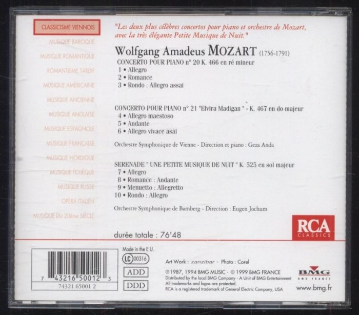 Wolfgang Amadeus Mozart / Geza Anda Eugen Jochum, Orchestre Symphonique de Vienne - Concertos pour Piano No. 20 et No.21; Petite Musique de Nuit (CD)