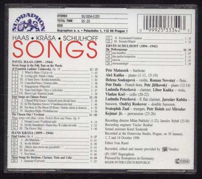 Pavel Haas, Hans Krása, Erwin Schulhoff, Petr Matuszek, Aleš Kaňka - Haas, Krása, Schulhoff Songs (CD)