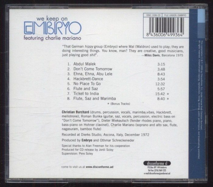 Embryo Featuring Charlie Mariano - We Keep On (CD)
