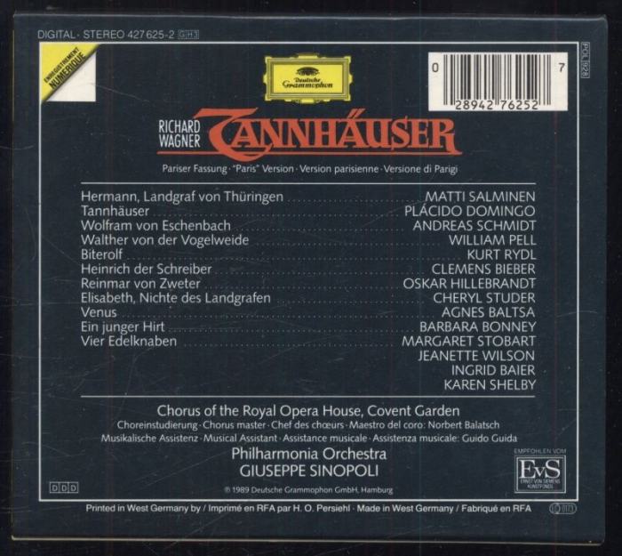 Richard Wagner - Plácido Domingo, Cheryl Studer, Agnes Baltsa, Matti Salminen, Andreas Schmidt, Chorus Of The Royal Opera House, Covent Garden, Philharmonia Orchestra, Giuseppe Sinopoli - Tannhäuser (3CD)