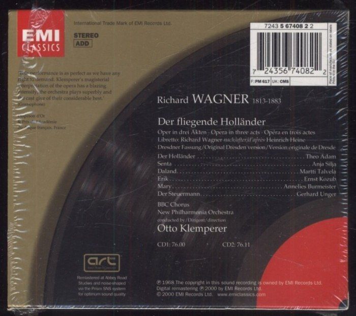 Wagner - Adam, Silja, Talvela, Unger, Kozub, Burmeister, BBC Chorus, New Philharmonia Orchestra, Otto Klemperer - Der Fliegende Holländer (2CD)