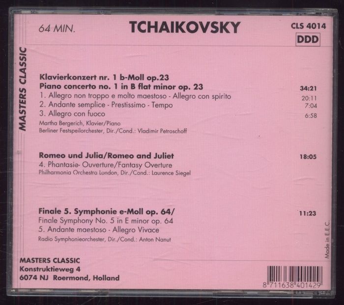 Tschaikowsky, Martha Bergerich, Berliner Festspielorchester Dir./Cond.: Vladimir Petroschoff - Klavierkonzert Nr. 1 = Piano Concerto No. 1 / Romeo Und Julia = Romeo And Juliet / Finale 5. Symphonie = Finale Symphony No. 5 (CD)