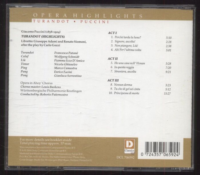 Giacomo Puccini - Francesca Patanè, Wolfgang Schmidt, Fiamma Izzo D'Amico, Württembergische Philharmonie Reutlingen, Roberto Paternostro - Turandot (CD)