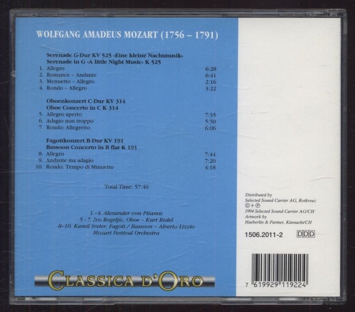 Wolfgang Amadeus Mozart - Eine Kleine Nachtmusik / Oboenkonzert = Oboe Concerto KV 314 / Fagottkonzert = Bassoon Concerto KV 191 Classica D'Oro - 1506.2011-2 (CD)