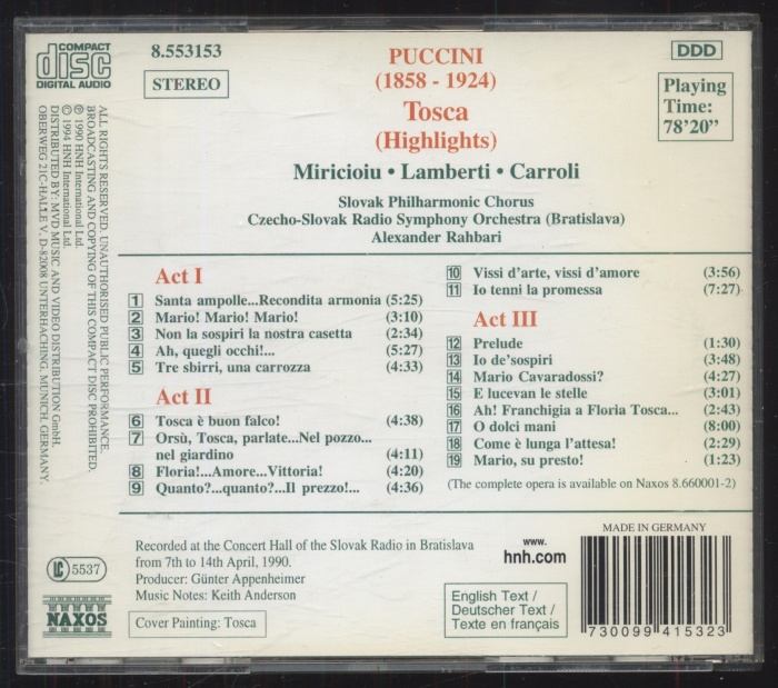 Puccini, Miricioiu, Lamberti, Carroli, Slovak Philharmonic Chorus, Czecho-Slovak Radio Symphony Orchestra (Bratislava), Alexander Rahbari - Tosca (Highlights) (CD)
