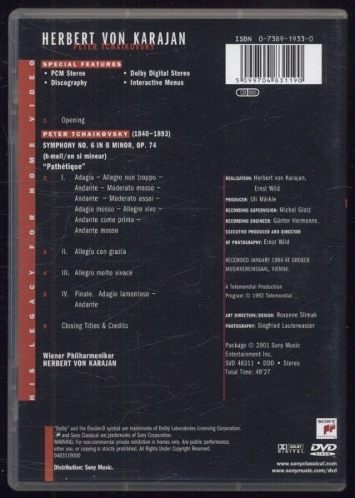 Peter Tchaikovsky, Herbert von Karajan, Wiener Philharmoniker - Symphony No. 6 "Pathétigue" (DVD)
