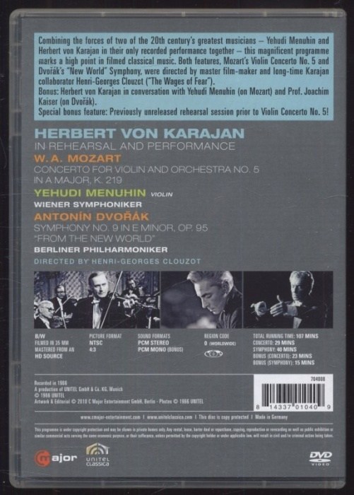 Herbert von Karajan, Yehudi Menuhin, Wiener Symphoniker, Berliner Philharmoniker - W. A. Mozart - Concerti for Violin and Orchestra No. 5 in A major / Antonín Dvořák - Symphony No. 9 in E Minor (DVD)