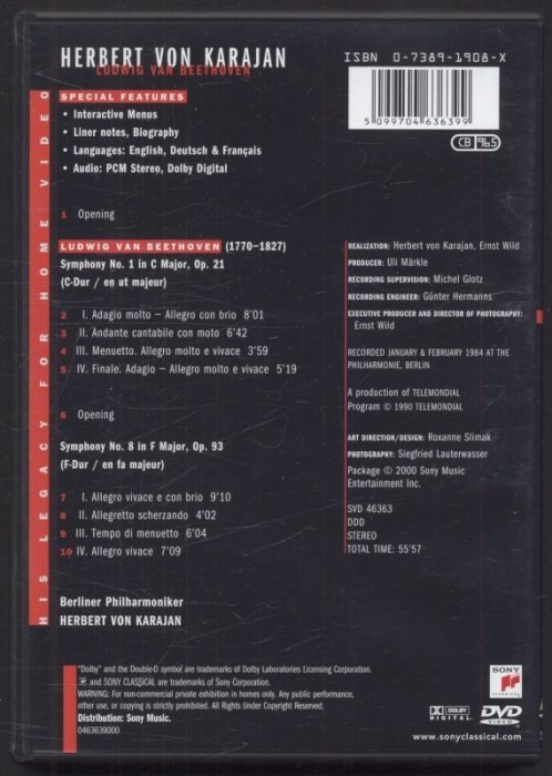 Herbert von Karajan, Berliner Philharmoniker - Ludwig Van Beethoven Symphonies Nos. 1 & 8 (DVD)
