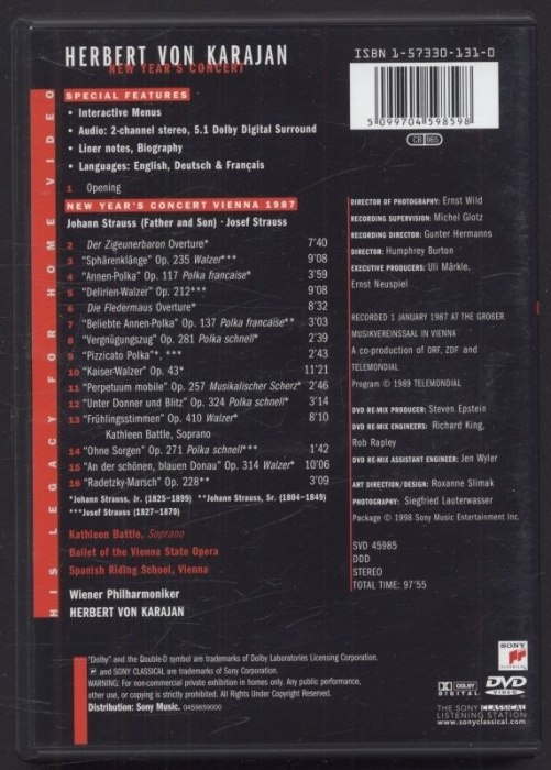 Herbert von Karajan, Wiener Philharmoniker, The Vienna State Opera Ballet - "New Year's Concert" Vienna 1987 (DVD)