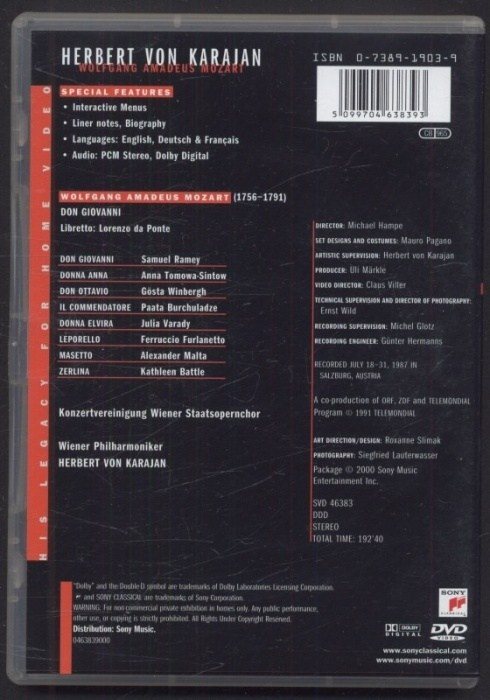 Wolfgang Amadeus Mozart, Herbert von Karajan, Samuel Ramey, Anna Tomowa-Sintow, Ferruccio Furlanetto, Gösta Winbergh - Don Giovanni (DVD)