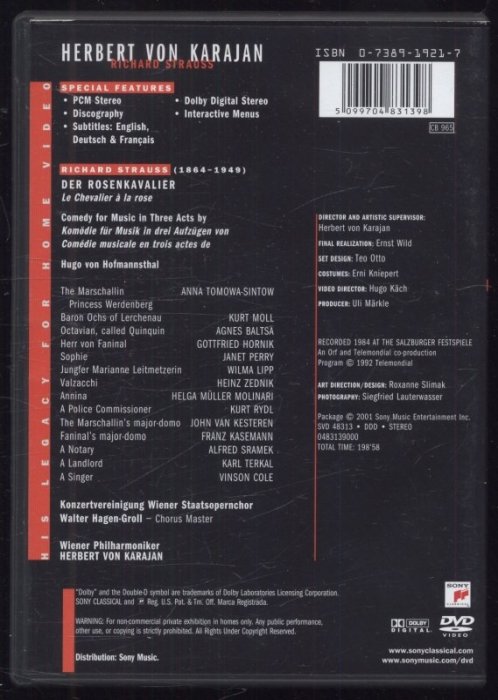 Richard Strauss, Herbert von Karajan, Wiener Philharmoniker, Konzertvereinigung Wiener Staatsopernchor, Anna Tomowa-Sintow, Agnes Baltsa, Janet Perry, Kurt Moll - Der Rosenkavalier (DVD)