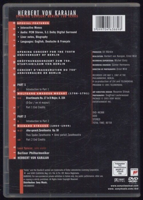 Herbert von Karajan, Berliner Philharmoniker - Opening Concert Berlin 750 Years. Mozart Divertimento K. 334. Richard Strauss Also Sprach Zarathustra (DVD)